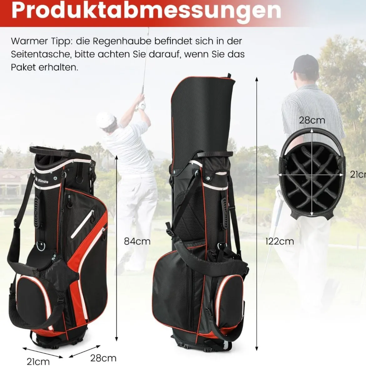 Golftasche mit 14-facher Schlägereinteilung & 6 Taschen & Kühltasche & Regenhaube Rot