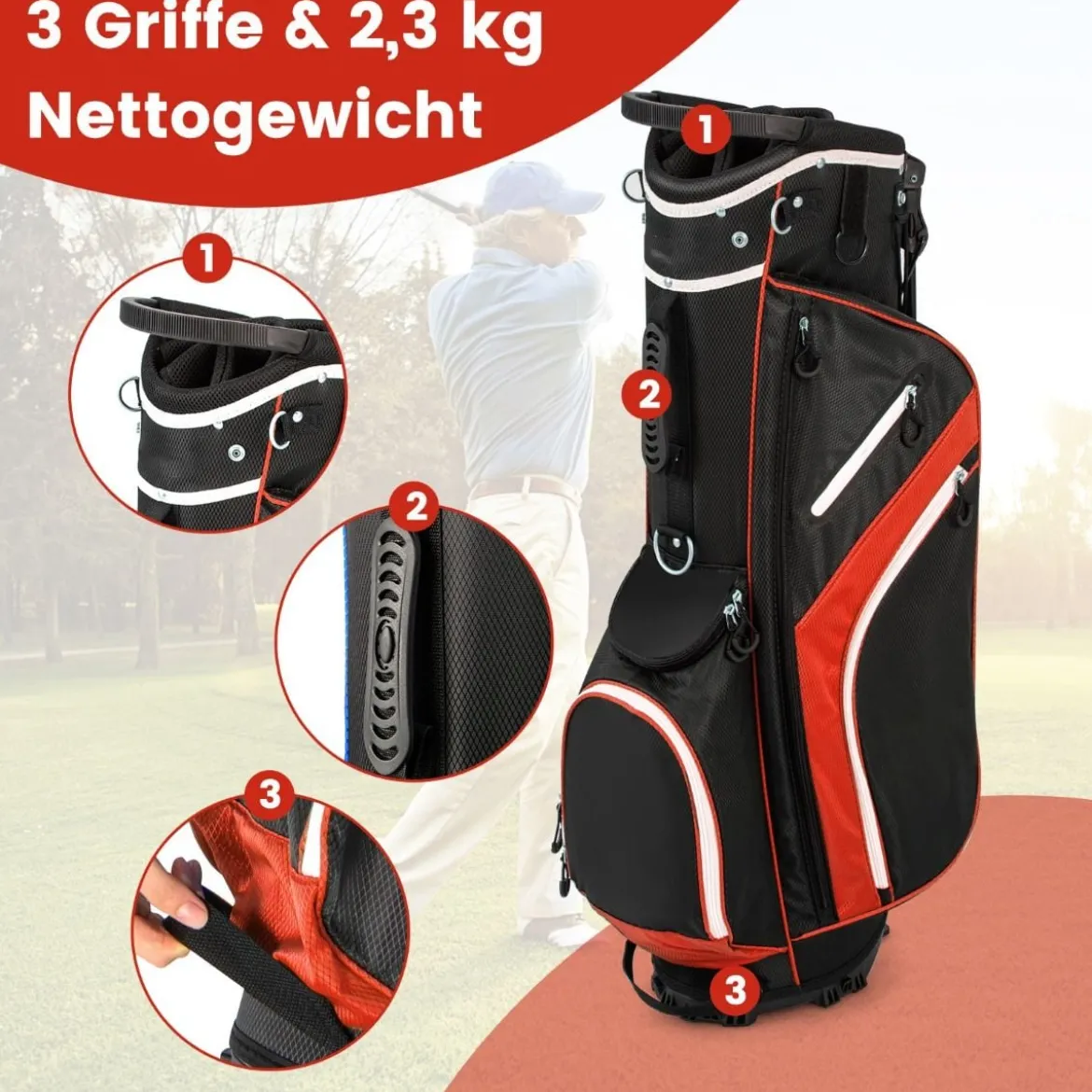 Golftasche mit 14-facher Schlägereinteilung & 6 Taschen & Kühltasche & Regenhaube Rot