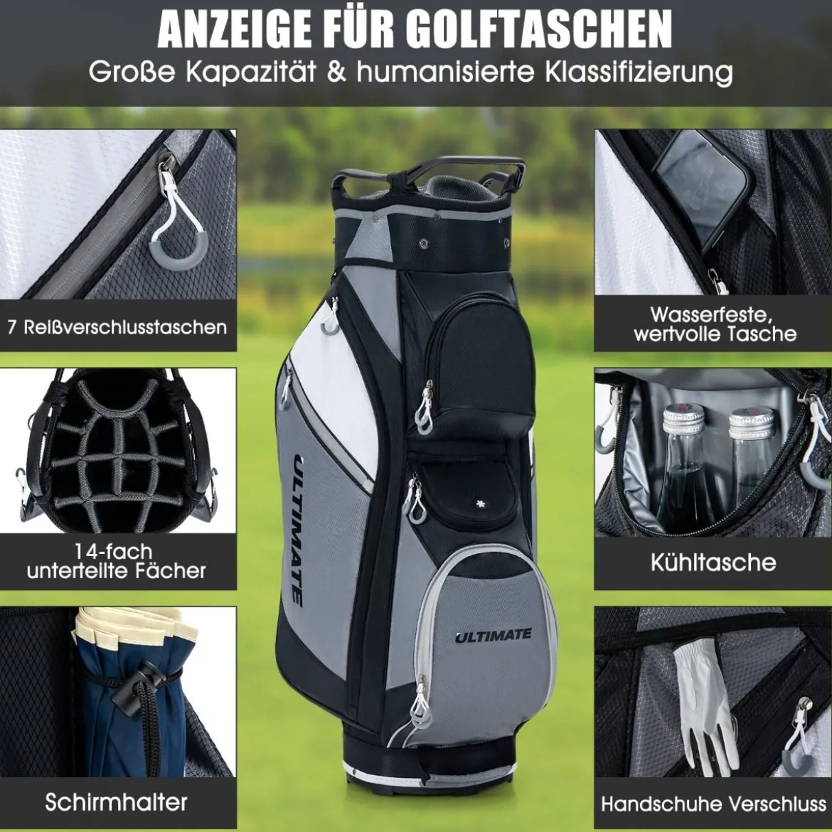 Golftasche mit 14-fach-Unterteilung & Wasserdichter Wertsachentasche Schwarz + Grau