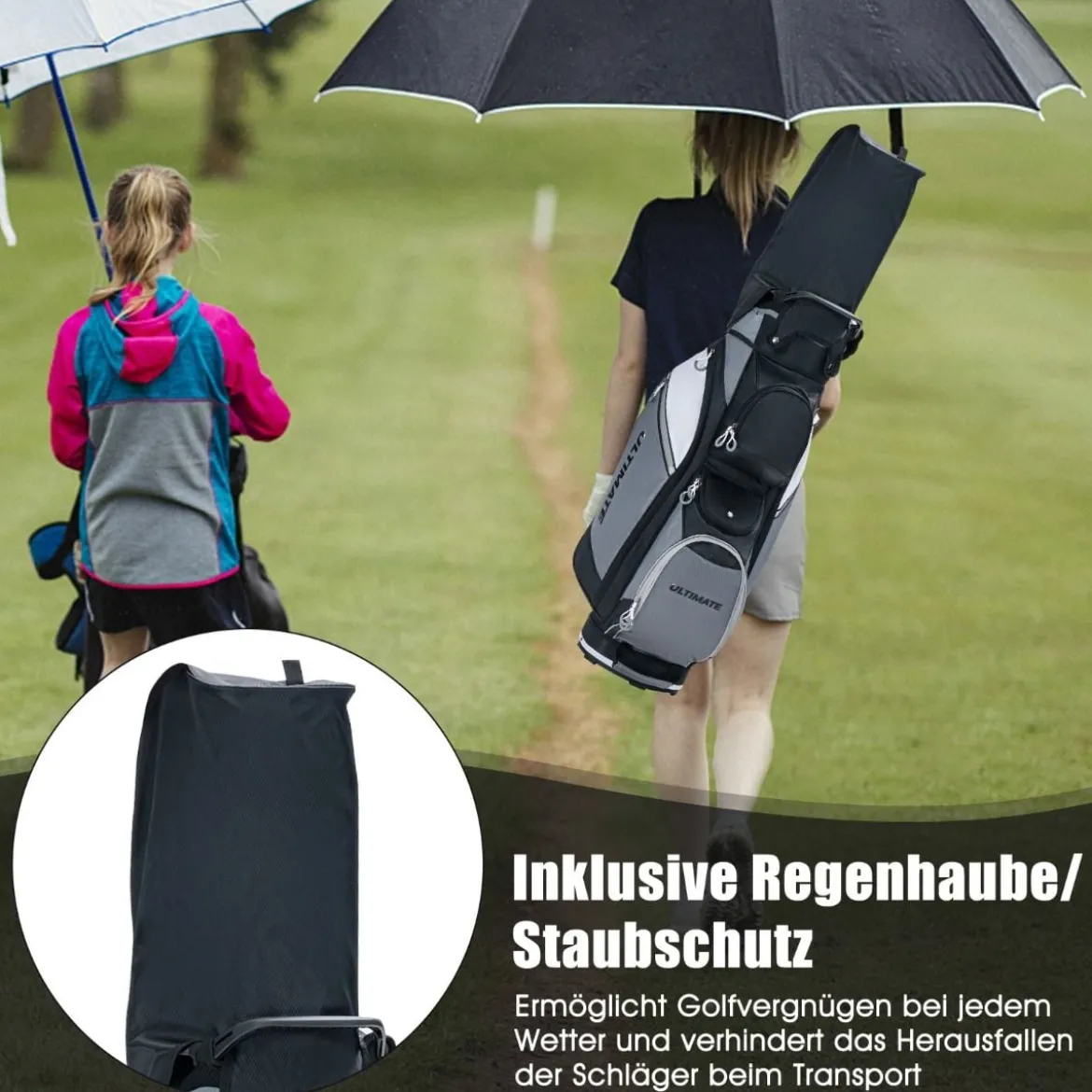 Golftasche mit 14-fach-Unterteilung & Wasserdichter Wertsachentasche Schwarz + Grau