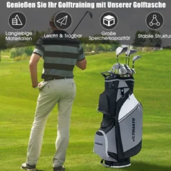 Golftasche mit 14-fach-Unterteilung & Wasserdichter Wertsachentasche Schwarz + Grau