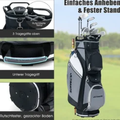 Golftasche mit 14-fach-Unterteilung & Wasserdichter Wertsachentasche Schwarz + Grau
