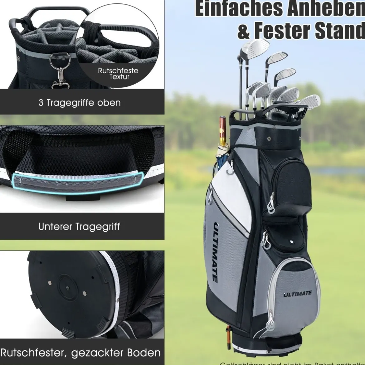 Golftasche mit 14-fach-Unterteilung & Wasserdichter Wertsachentasche Schwarz + Grau