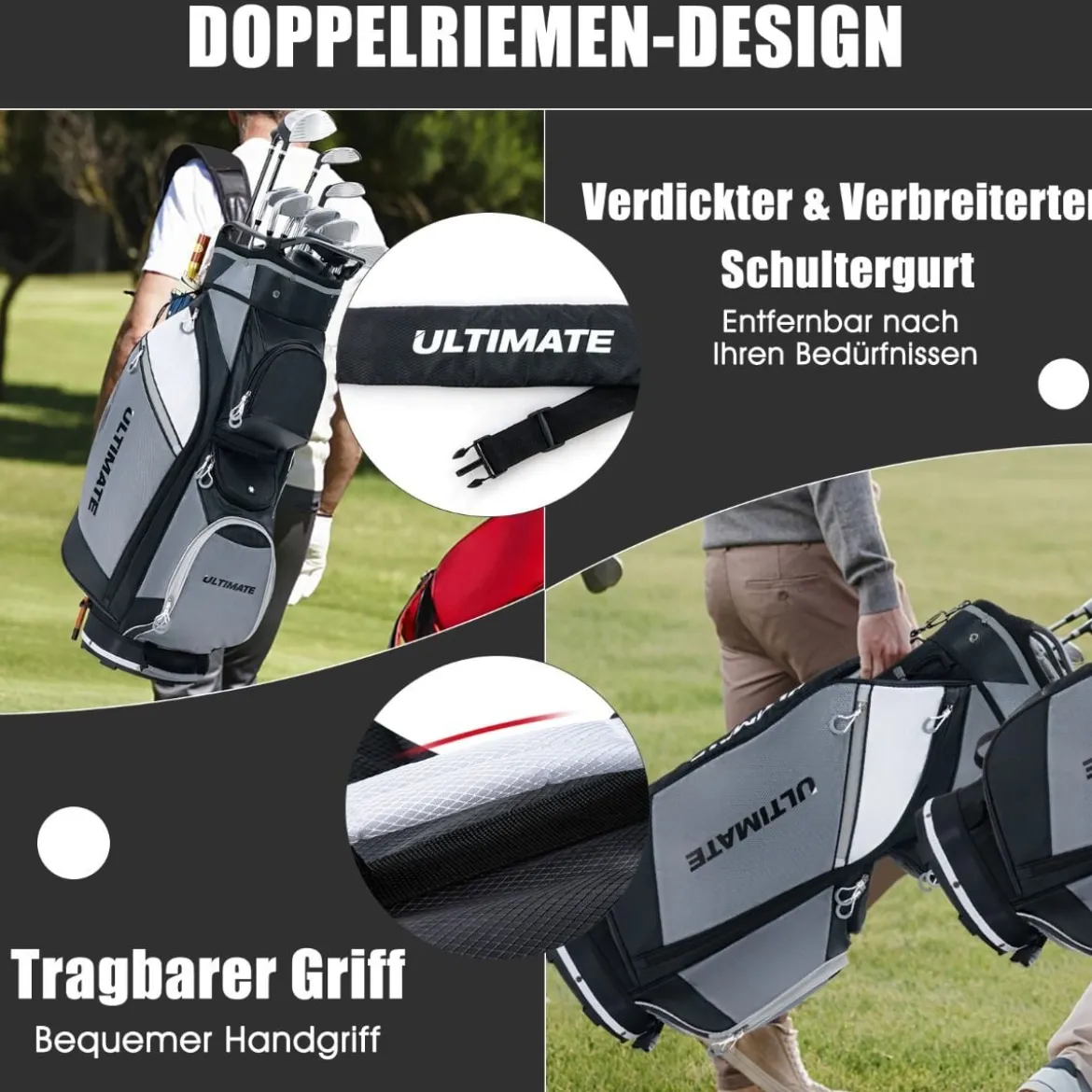 Golftasche mit 14-fach-Unterteilung & Wasserdichter Wertsachentasche Schwarz + Grau