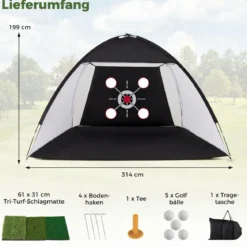Golf Trainingsnetz mit Abschlagmatte Golfnetz Set mit Zielscheibe 5 Bällen Tee & Bodenankern 314 x 179 x 199 cm