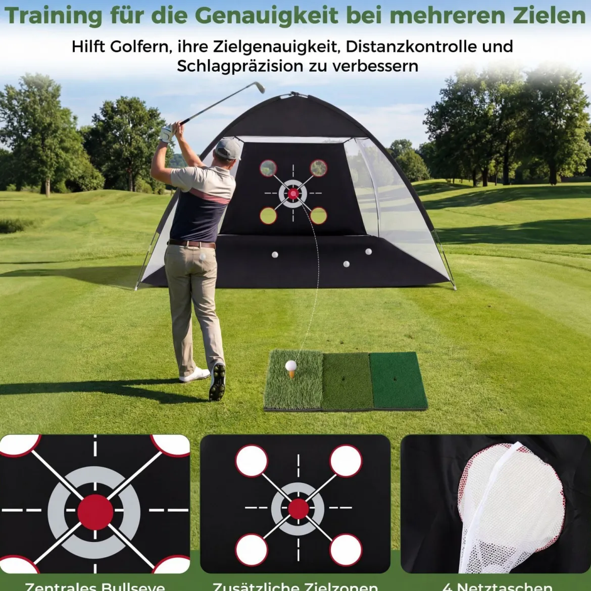 Golf Trainingsnetz mit Abschlagmatte Golfnetz Set mit Zielscheibe 5 Bällen Tee & Bodenankern 314 x 179 x 199 cm
