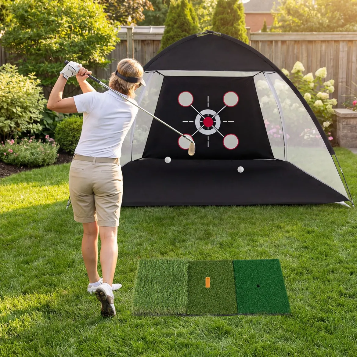 Golf Trainingsnetz mit Abschlagmatte Golfnetz Set mit Zielscheibe 5 Bällen Tee & Bodenankern 314 x 179 x 199 cm