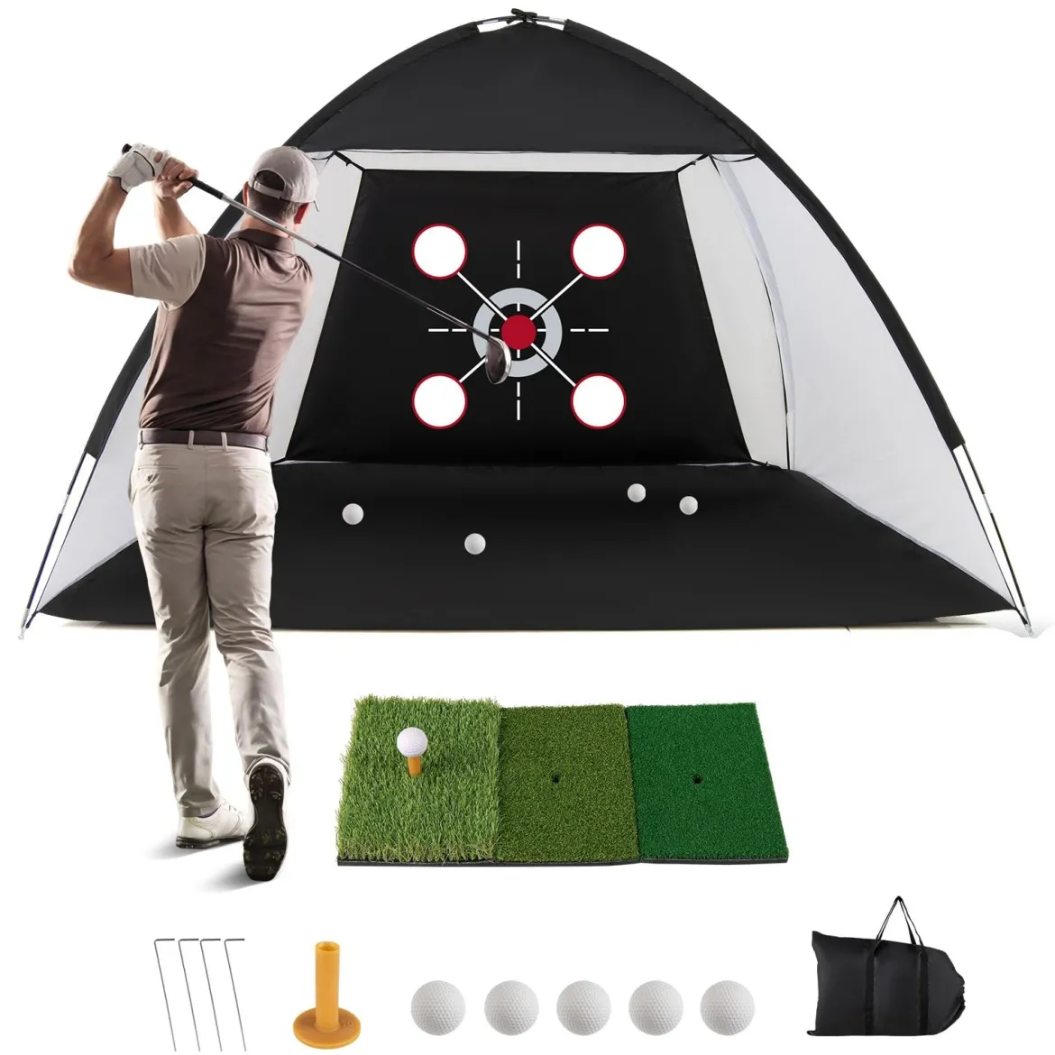 Golf Trainingsnetz mit Abschlagmatte Golfnetz Set mit Zielscheibe 5 Bällen Tee & Bodenankern 314 x 179 x 199 cm
