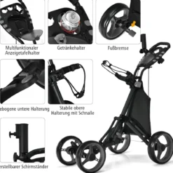 Golf Trolley 4 Rad Golftrolley Golfwagen Golf klappbar Golfcaddy Golf Push Cart aus Aluminum