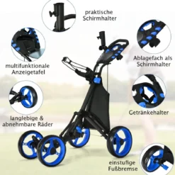 Golf Trolley 4 Rad Golftrolley Golfwagen Golf klappbar Golfcaddy Golf Push Cart aus Aluminum