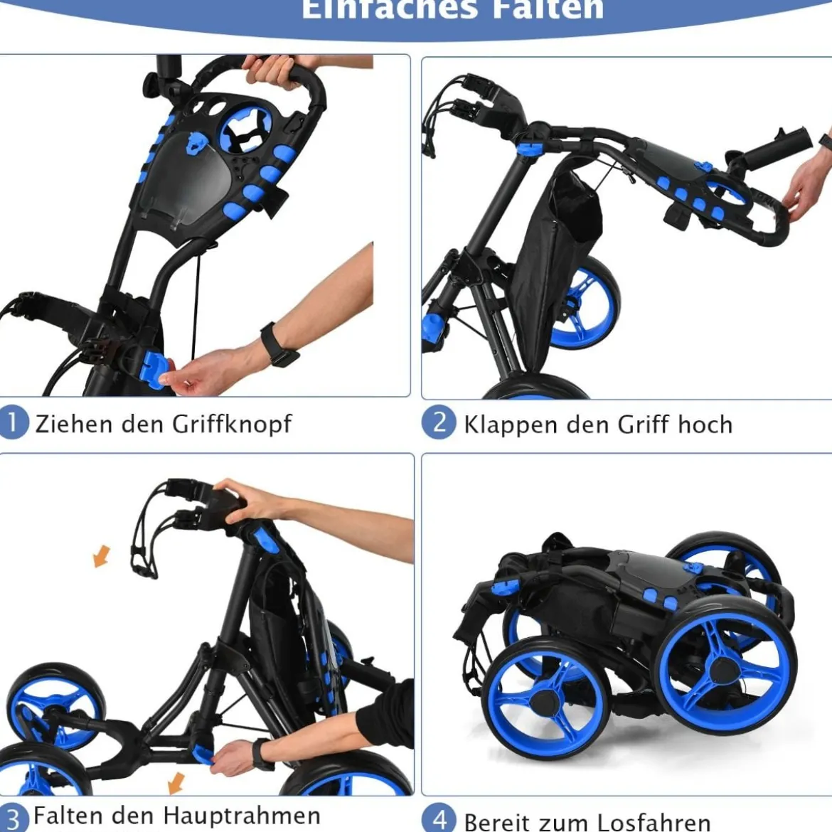 Golf Trolley 4 Rad Golftrolley Golfwagen Golf klappbar Golfcaddy Golf Push Cart aus Aluminum