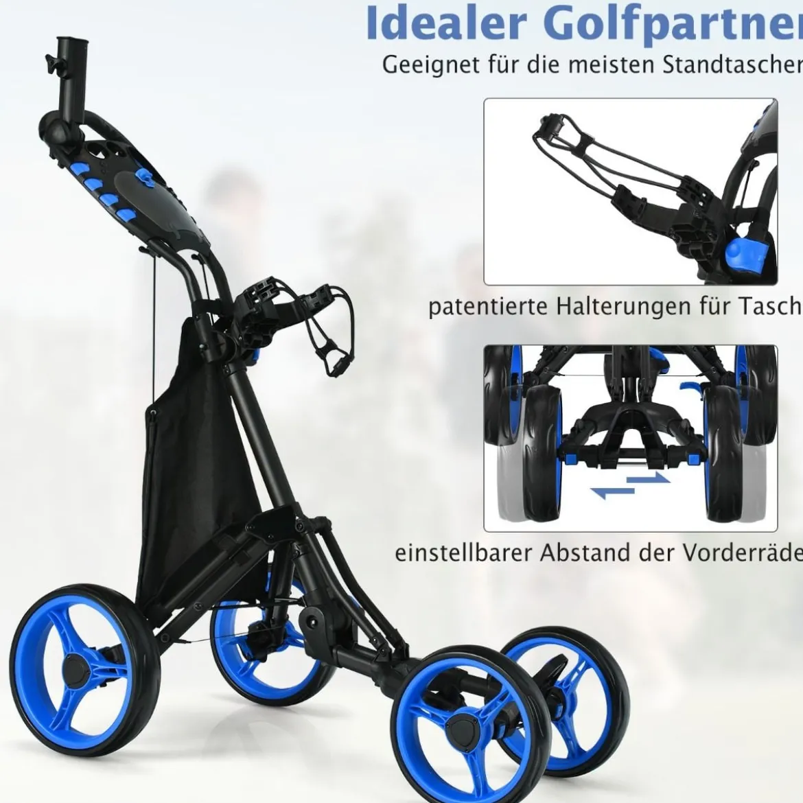 Golf Trolley 4 Rad Golftrolley Golfwagen Golf klappbar Golfcaddy Golf Push Cart aus Aluminum