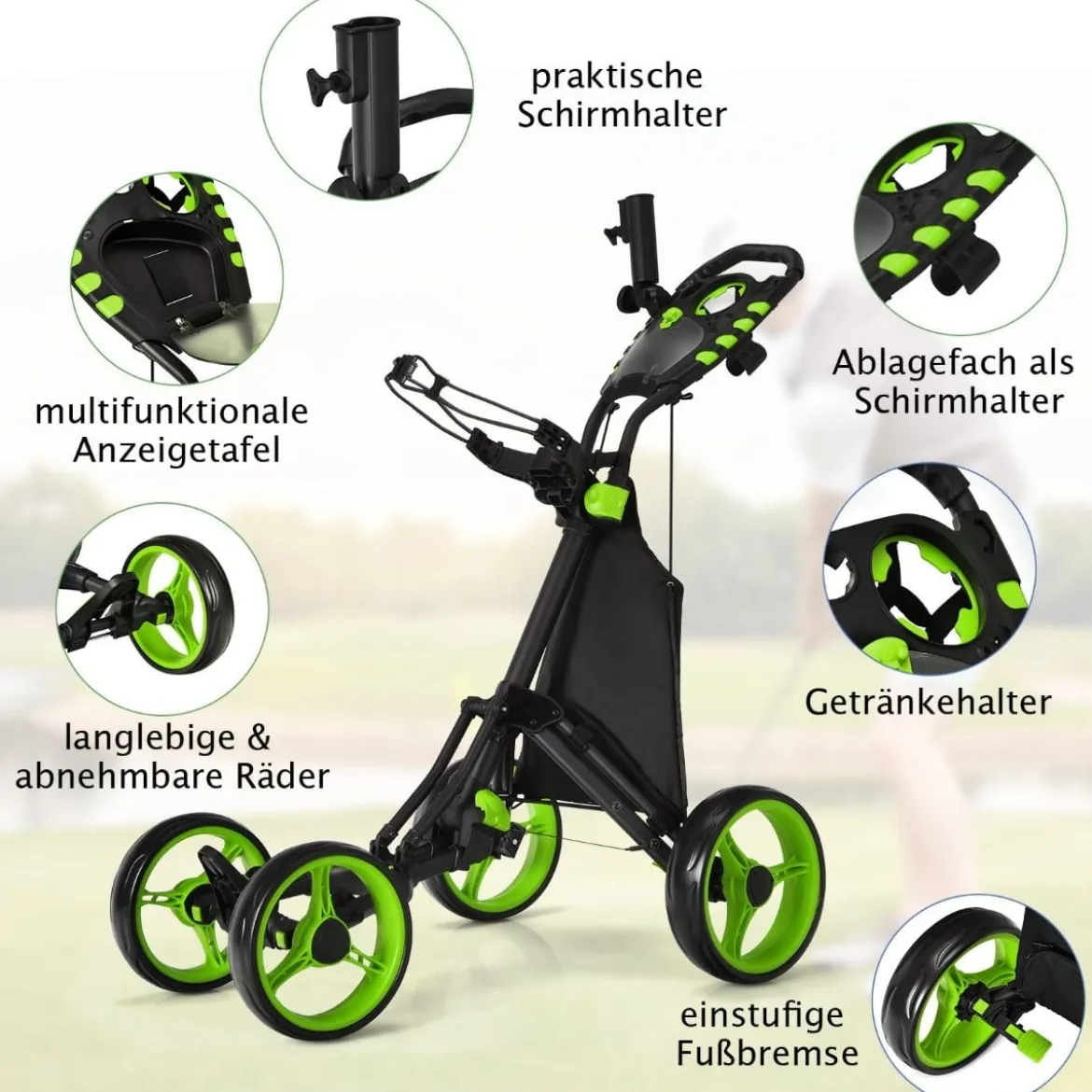 Golf Trolley 4 Rad Golftrolley Golfwagen Golf klappbar Golfcaddy Golf Push Cart aus Aluminum