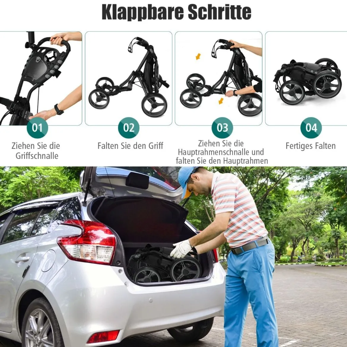 Golf Trolley 4 Rad Golftrolley Golfwagen Golf klappbar Golfcaddy Golf Push Cart aus Aluminum