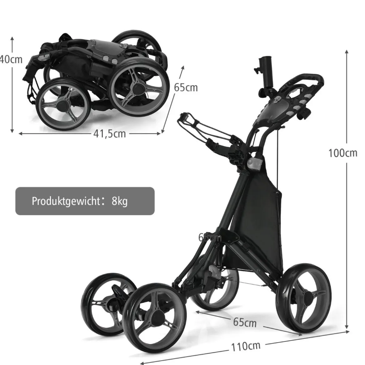Golf Trolley 4 Rad Golftrolley Golfwagen Golf klappbar Golfcaddy Golf Push Cart aus Aluminum