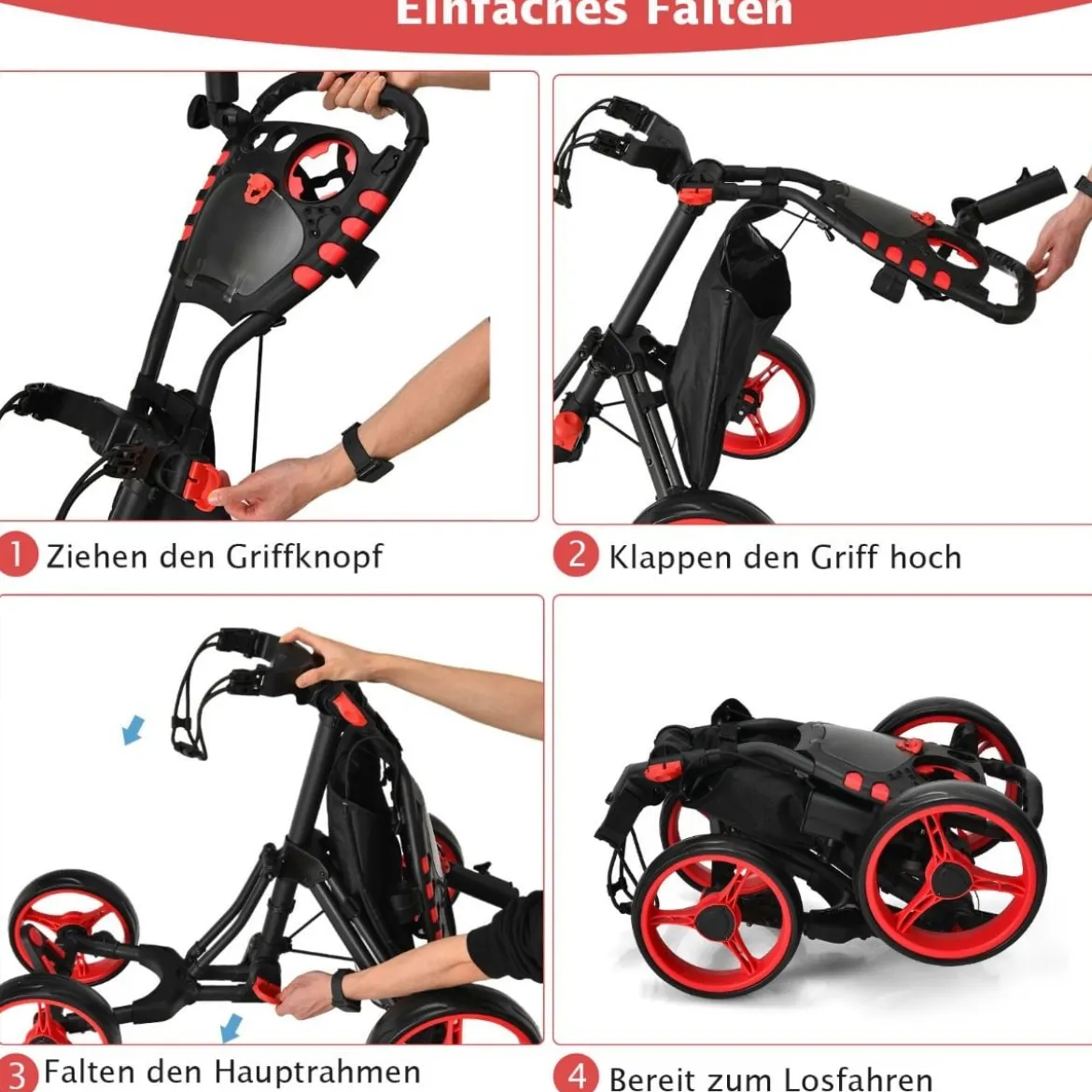 Golf Trolley 4 Rad Golftrolley Golfwagen Golf klappbar Golfcaddy Golf Push Cart aus Aluminum