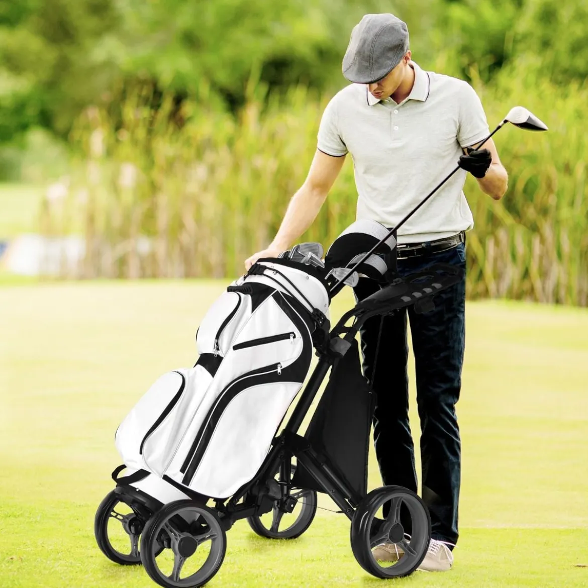 Golf Trolley 4 Rad Golftrolley Golfwagen Golf klappbar Golfcaddy Golf Push Cart aus Aluminum