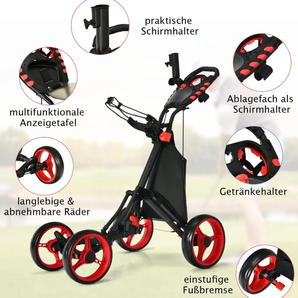 Golf Trolley 4 Rad Golftrolley Golfwagen Golf klappbar Golfcaddy Golf Push Cart aus Aluminum