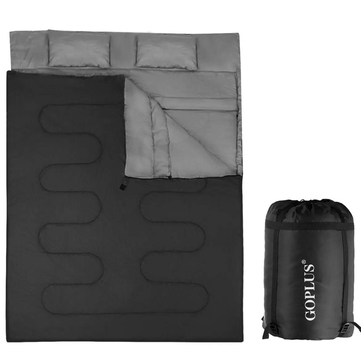 Goplus Doppelschlafsack 2 Personen XL Deckenschlafsack Schlafsack mit 2 Kissen Schwarz/Blau 220 x150 cm