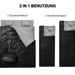 Goplus Doppelschlafsack 2 Personen XL Deckenschlafsack Schlafsack mit 2 Kissen Schwarz/Blau 220 x150 cm