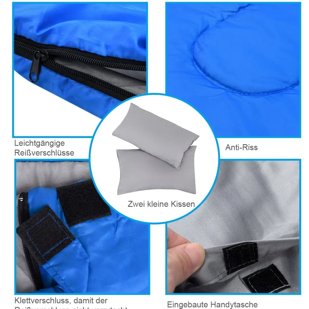 Goplus Doppelschlafsack 2 Personen XL Deckenschlafsack Schlafsack mit 2 Kissen Schwarz/Blau 220 x150 cm