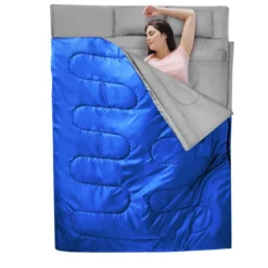 Goplus Doppelschlafsack 2 Personen XL Deckenschlafsack Schlafsack mit 2 Kissen Schwarz/Blau 220 x150 cm