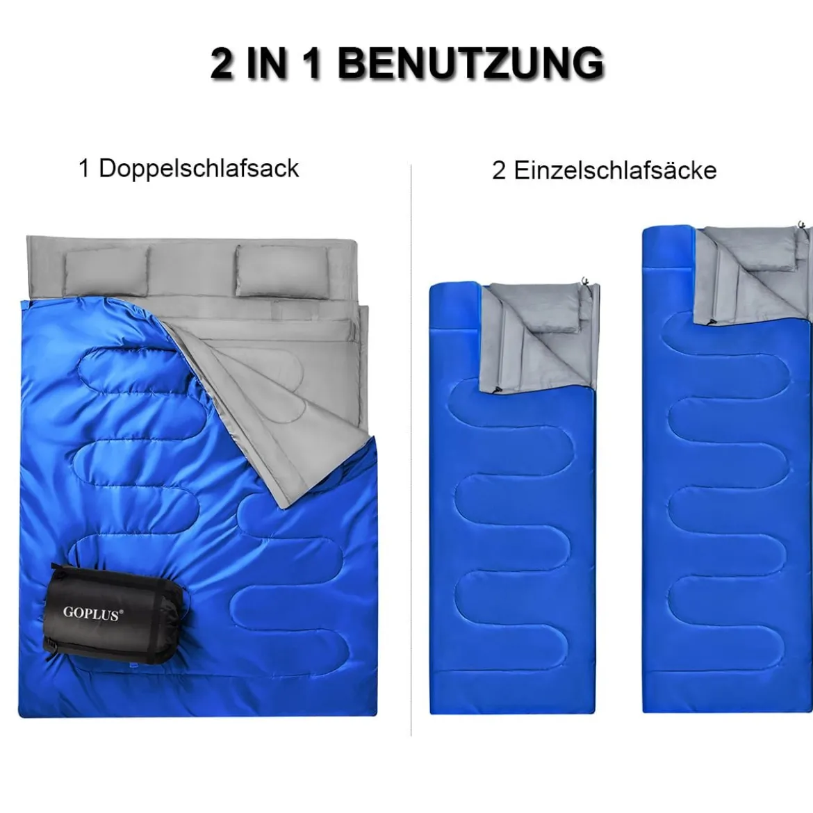 Goplus Doppelschlafsack 2 Personen XL Deckenschlafsack Schlafsack mit 2 Kissen Schwarz/Blau 220 x150 cm