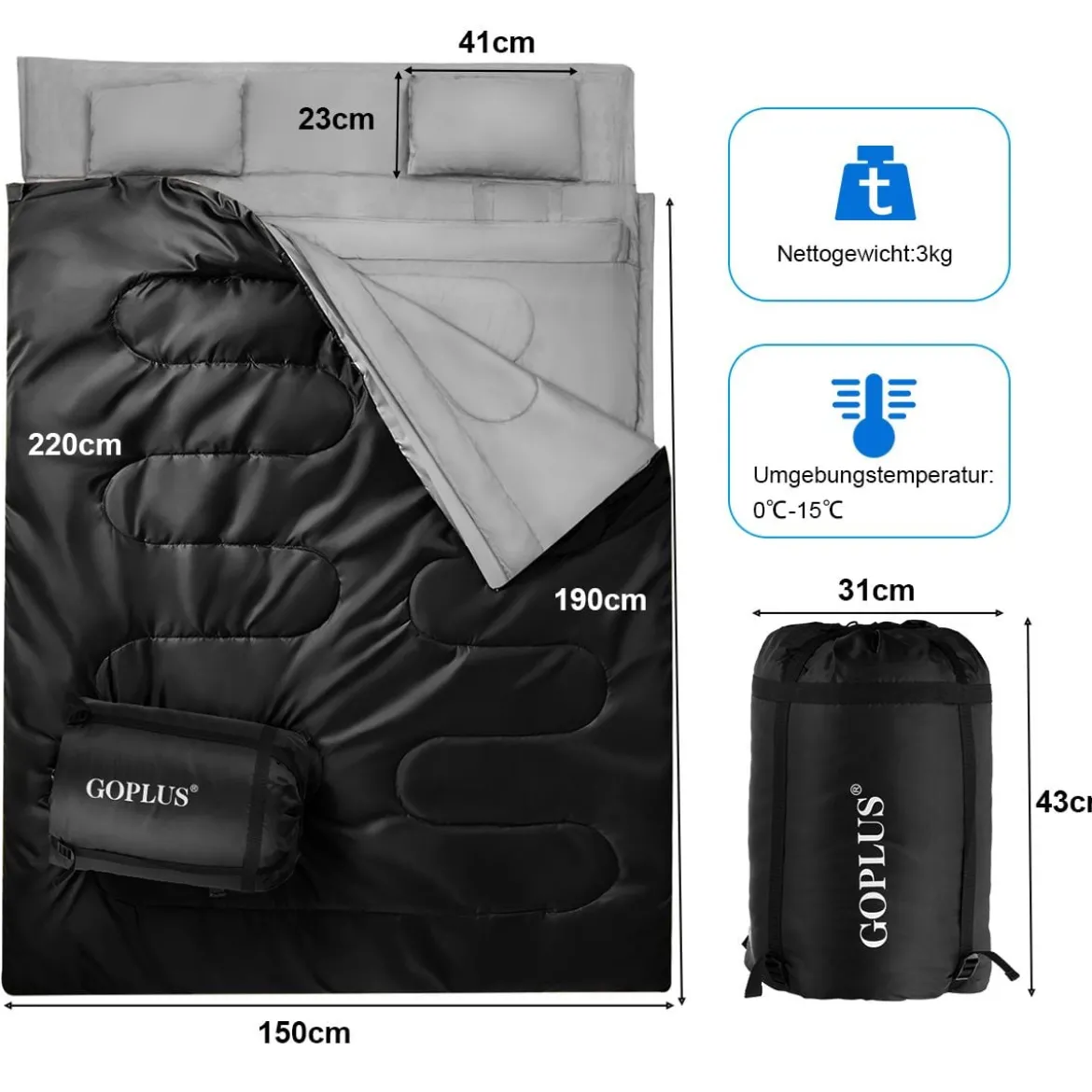 Goplus Doppelschlafsack 2 Personen XL Deckenschlafsack Schlafsack mit 2 Kissen Schwarz/Blau 220 x150 cm
