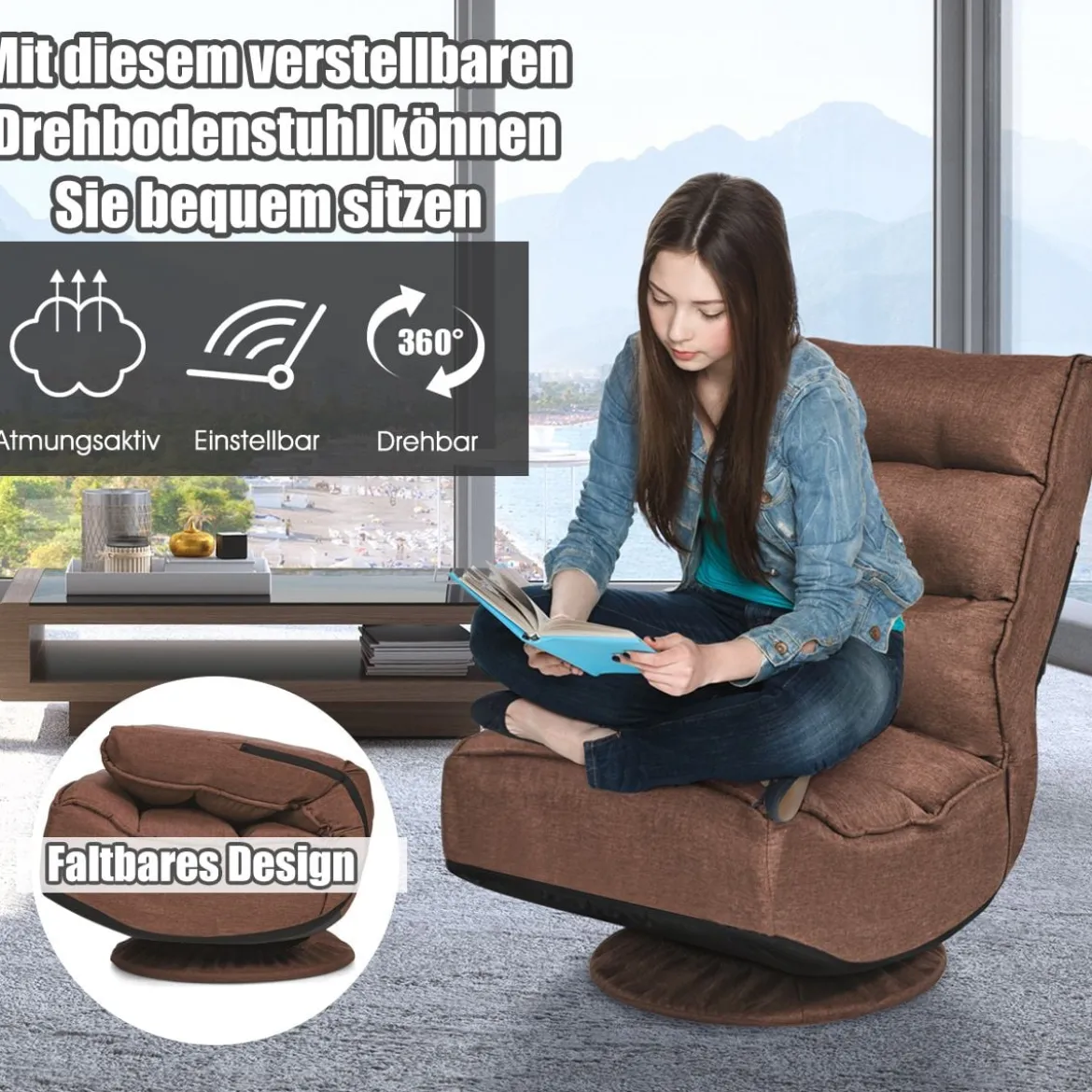 360-Grad-Drehbodenstuhl Bodensessel mit verstellbarer Rückenlehne 59 x 62 x 56 cm