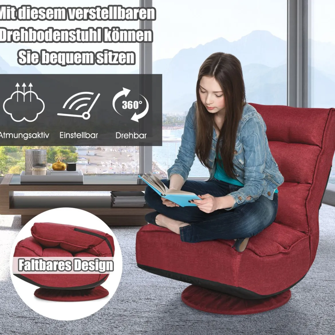 360-Grad-Drehbodenstuhl Bodensessel mit verstellbarer Rückenlehne 59 x 62 x 56 cm