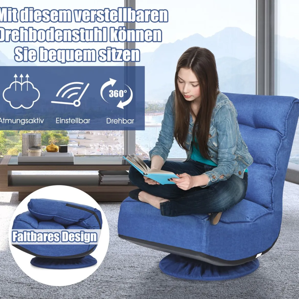 360-Grad-Drehbodenstuhl Bodensessel mit verstellbarer Rückenlehne 59 x 62 x 56 cm