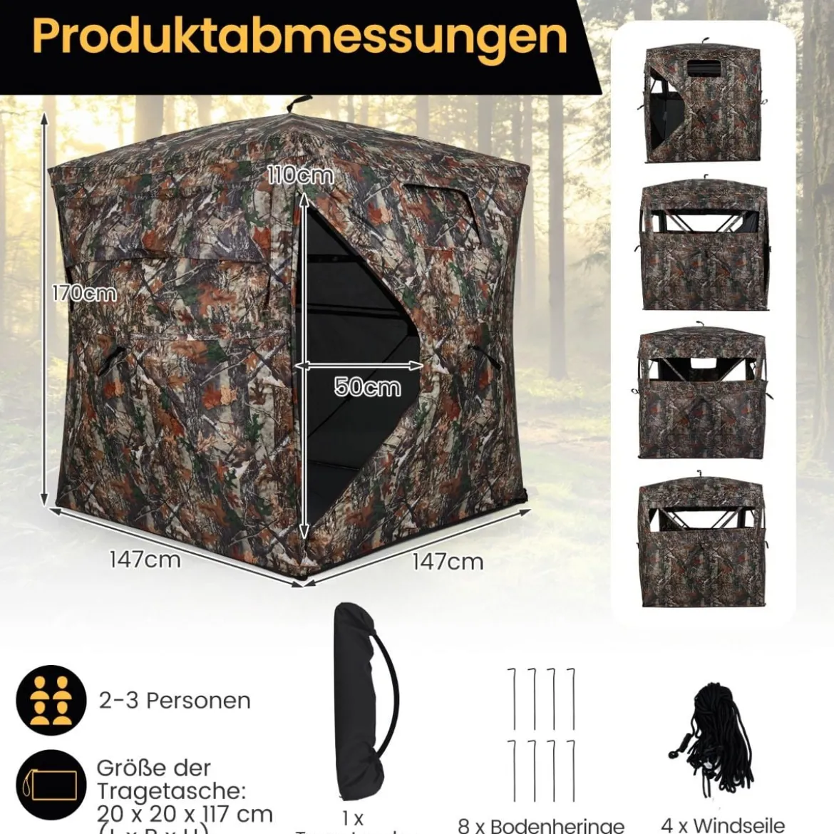 360 Grad Einweg-Durchsicht Bodenzelt Jagdversteck 4-Personen Pop-up Tarnzelt mit Tragetasche