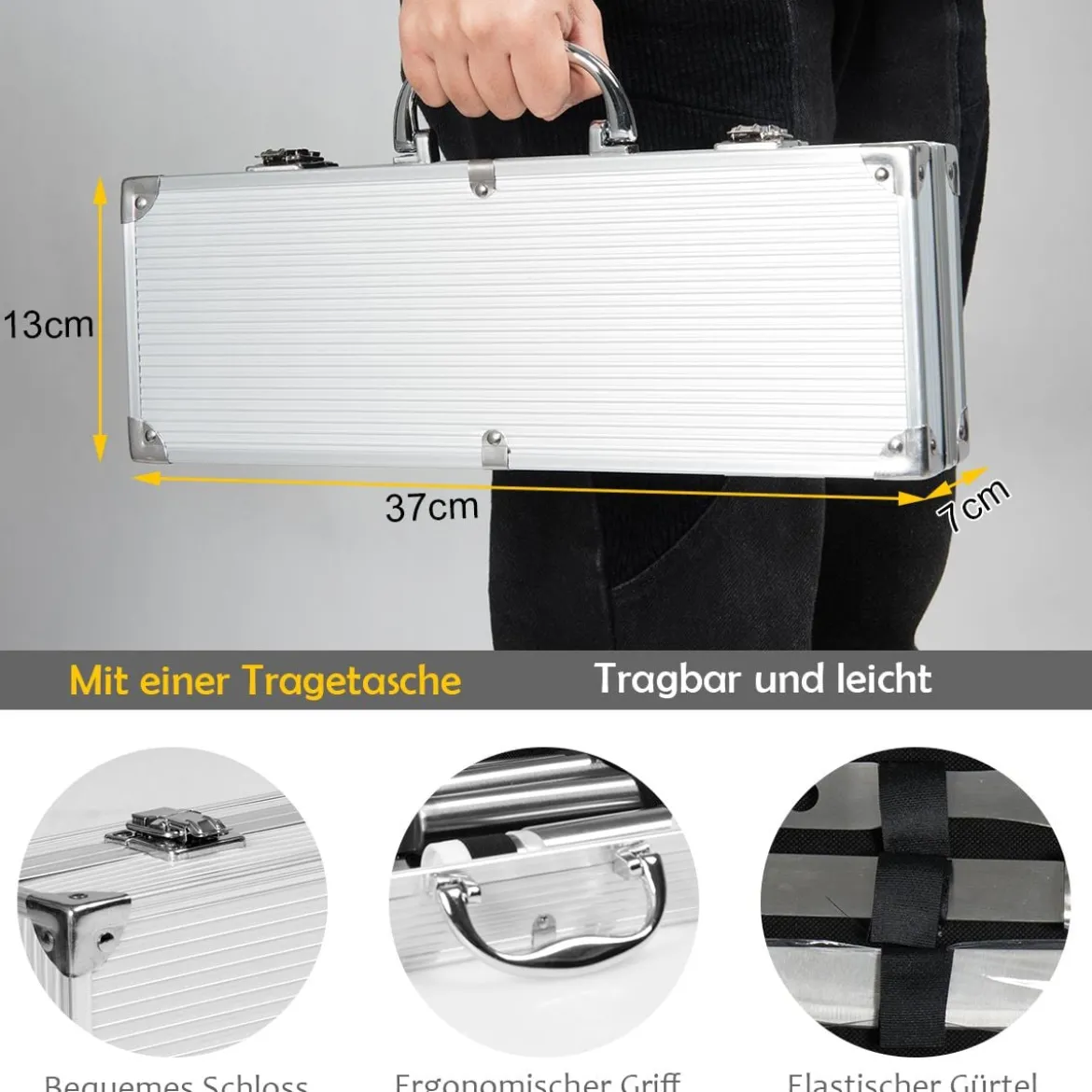 Grillbesteck-Set 5-Teilig im Koffer Grillzubehör Edelstahl 37 x 7 x 13 cm