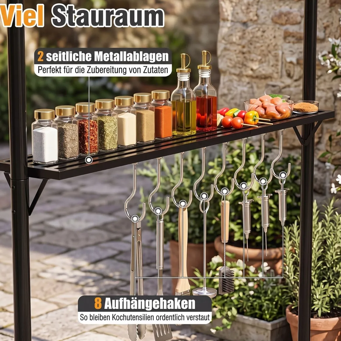 Grillpavillon Grillüberdachung mit Doppeldach Gartenlaube mit 2 Metall-Seitenregalen Grau