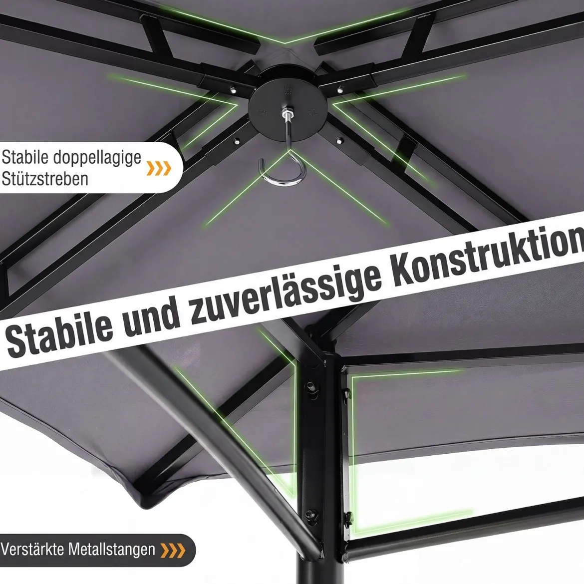 Grillpavillon Grillüberdachung mit Doppeldach Gartenlaube mit 2 Metall-Seitenregalen Grau