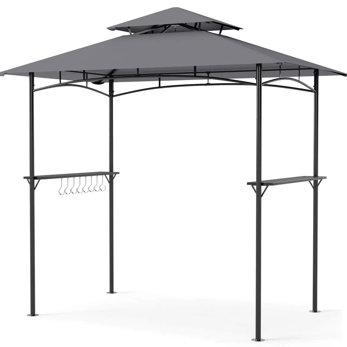 Grillpavillon Grillüberdachung mit Doppeldach Gartenlaube mit 2 Metall-Seitenregalen Grau