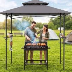 Grillpavillon Grillüberdachung mit Doppeldach Gartenlaube mit 2 Metall-Seitenregalen Grau