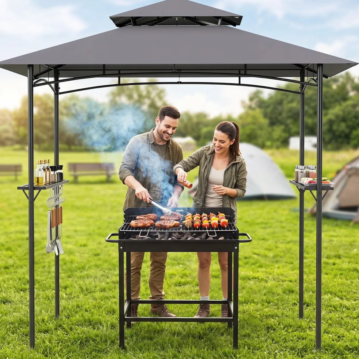 Grillpavillon Grillüberdachung mit Doppeldach Gartenlaube mit 2 Metall-Seitenregalen Grau
