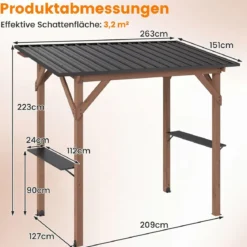 Grillpavillon Holz Grillüberdachung mit 2 Seitenregalen Schrägem Metalldach 263 x 151 x 223cm