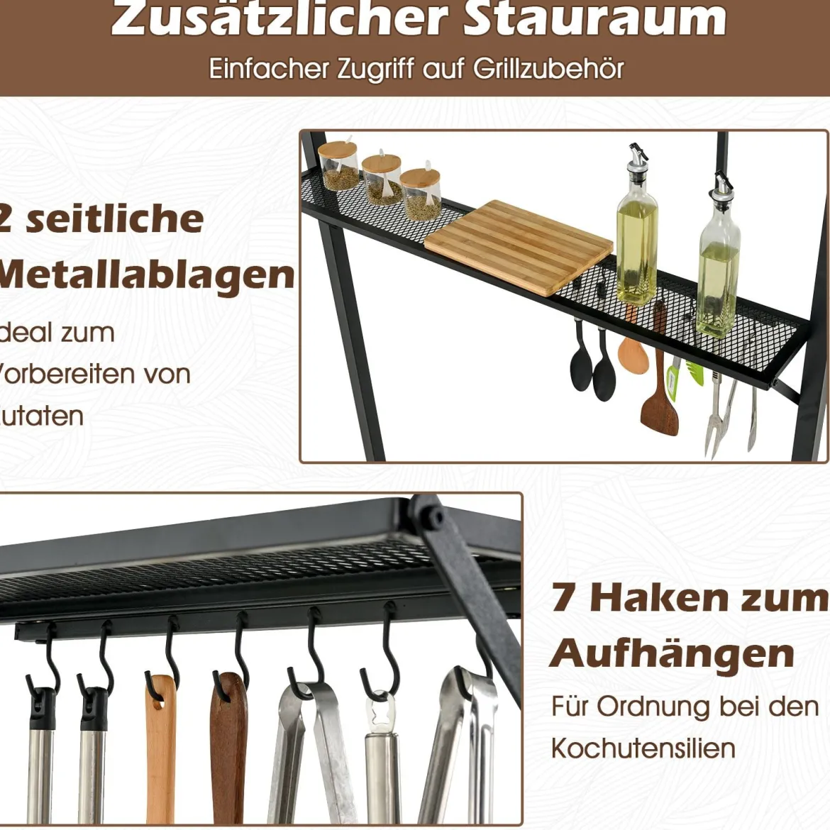 Grillpavillon mit Doppeldach & Seitenregalen & 7 Haken Wetterfeste Grillüberdachung Braun