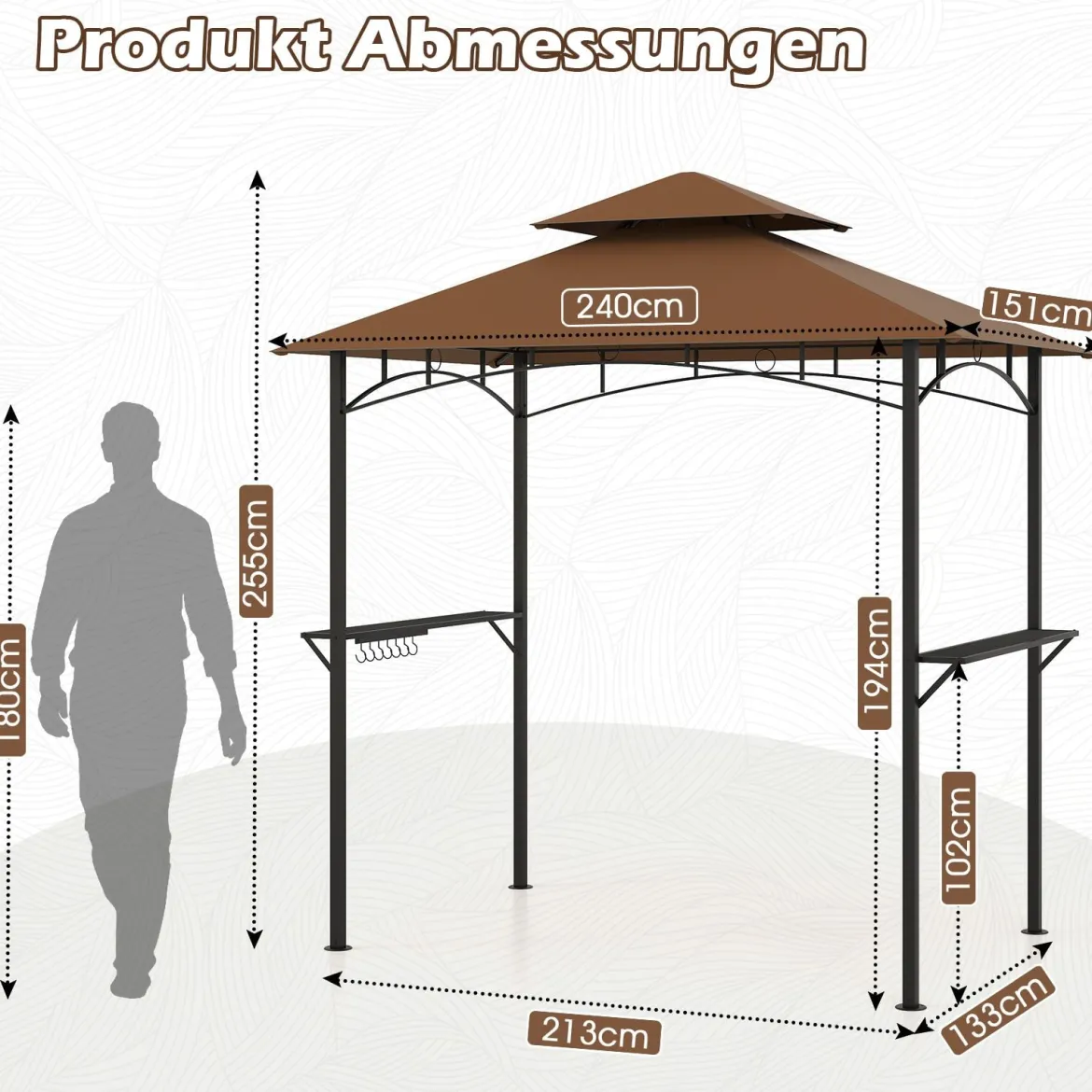 Grillpavillon mit Doppeldach & Seitenregalen & 7 Haken Wetterfeste Grillüberdachung Braun