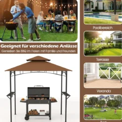 Grillpavillon mit Doppeldach & Seitenregalen & 7 Haken Wetterfeste Grillüberdachung Braun