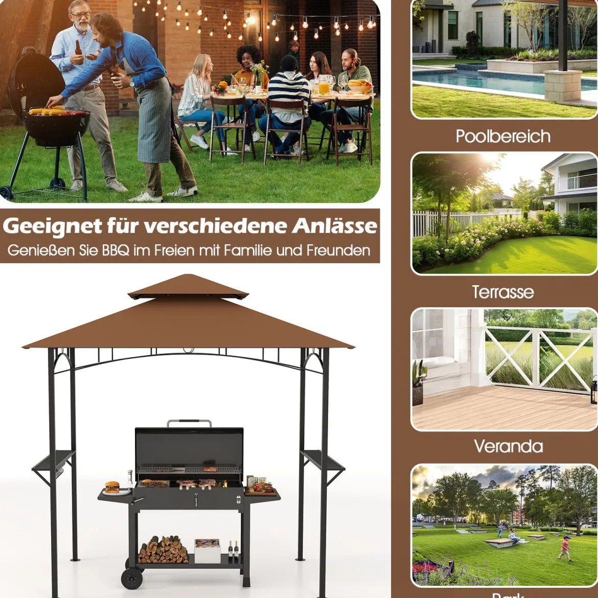 Grillpavillon mit Doppeldach & Seitenregalen & 7 Haken Wetterfeste Grillüberdachung Braun