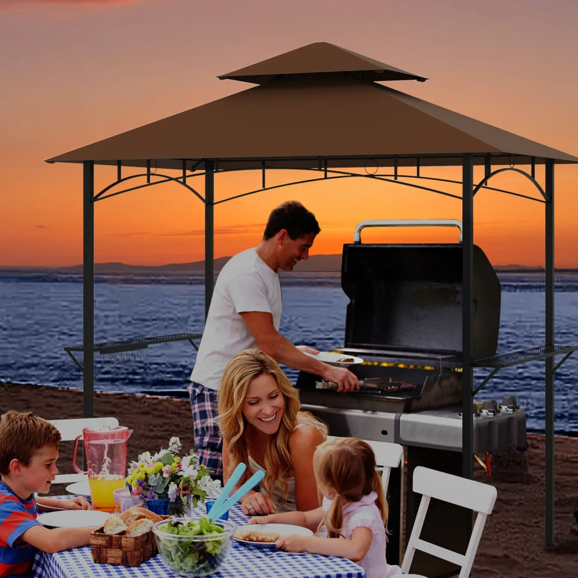 Grillpavillon mit Doppeldach & Seitenregalen & 7 Haken Wetterfeste Grillüberdachung Braun