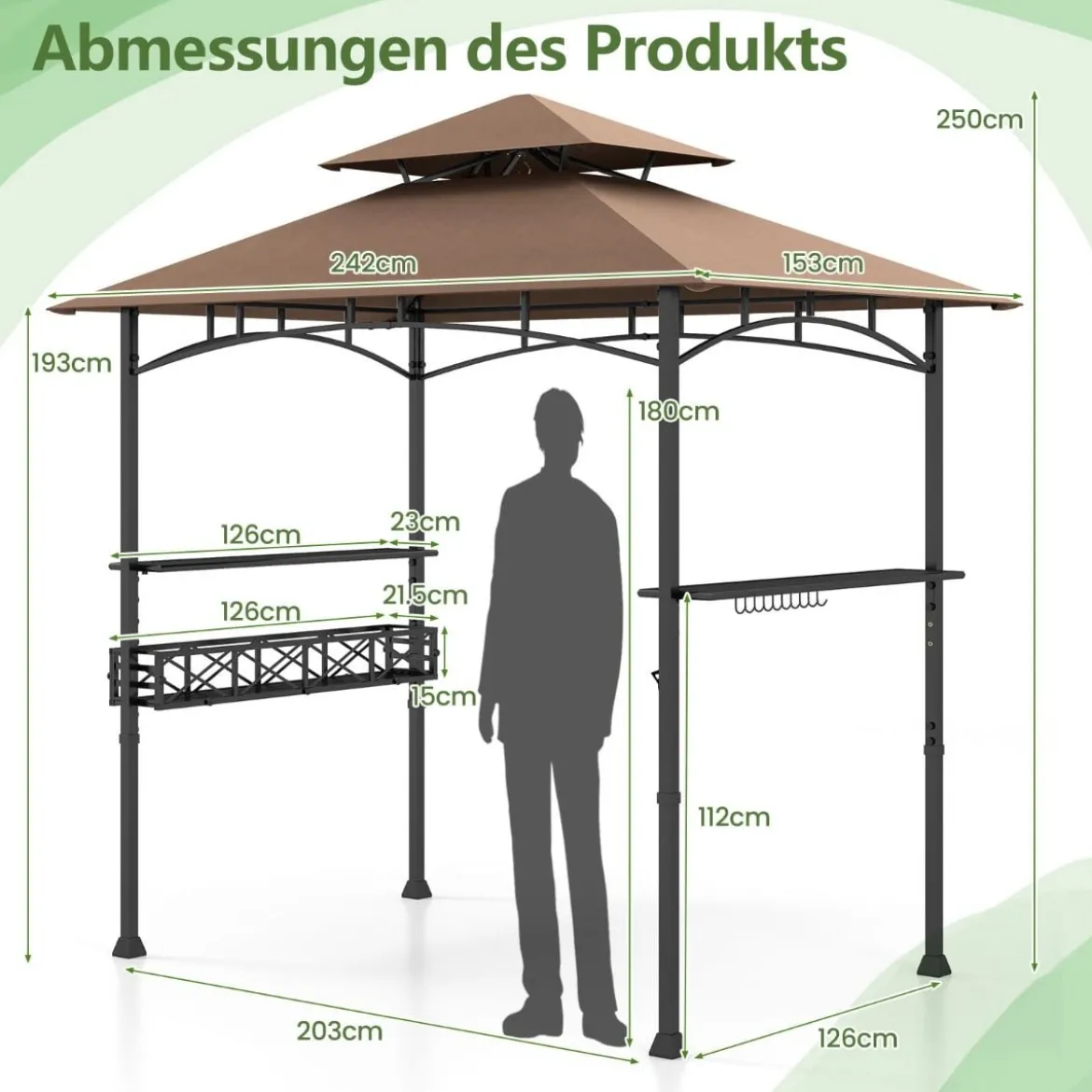 Grillpavillon mit Doppeldach & Seitenregalen & Metallkorb Grillüberdachungen Grillunterstand
