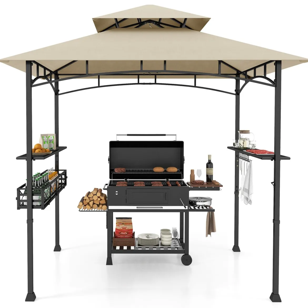Grillpavillon mit Doppeldach & Seitenregalen & Metallkorb Grillüberdachungen Grillunterstand