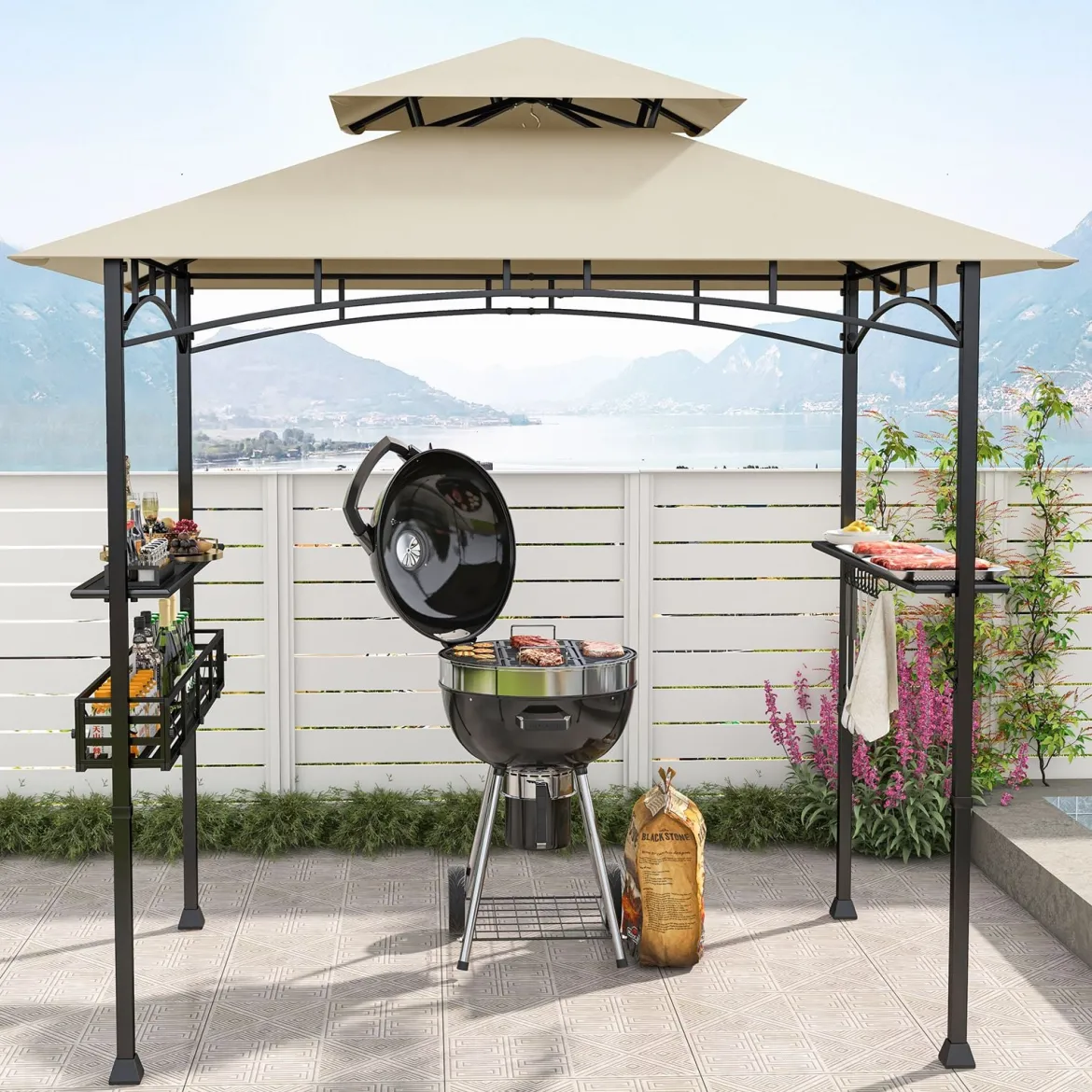 Grillpavillon mit Doppeldach & Seitenregalen & Metallkorb Grillüberdachungen Grillunterstand