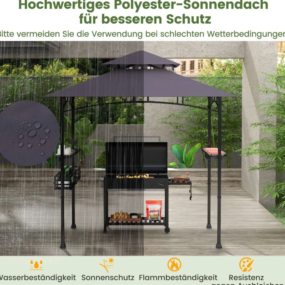 Grillpavillon mit Doppeldach & Seitenregalen & Metallkorb Grillüberdachungen Grillunterstand