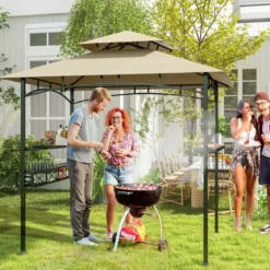 Grillpavillon mit Doppeldach & Seitenregalen & Metallkorb Grillüberdachungen Grillunterstand