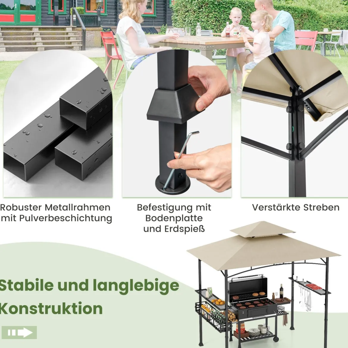 Grillpavillon mit Doppeldach & Seitenregalen & Metallkorb Grillüberdachungen Grillunterstand